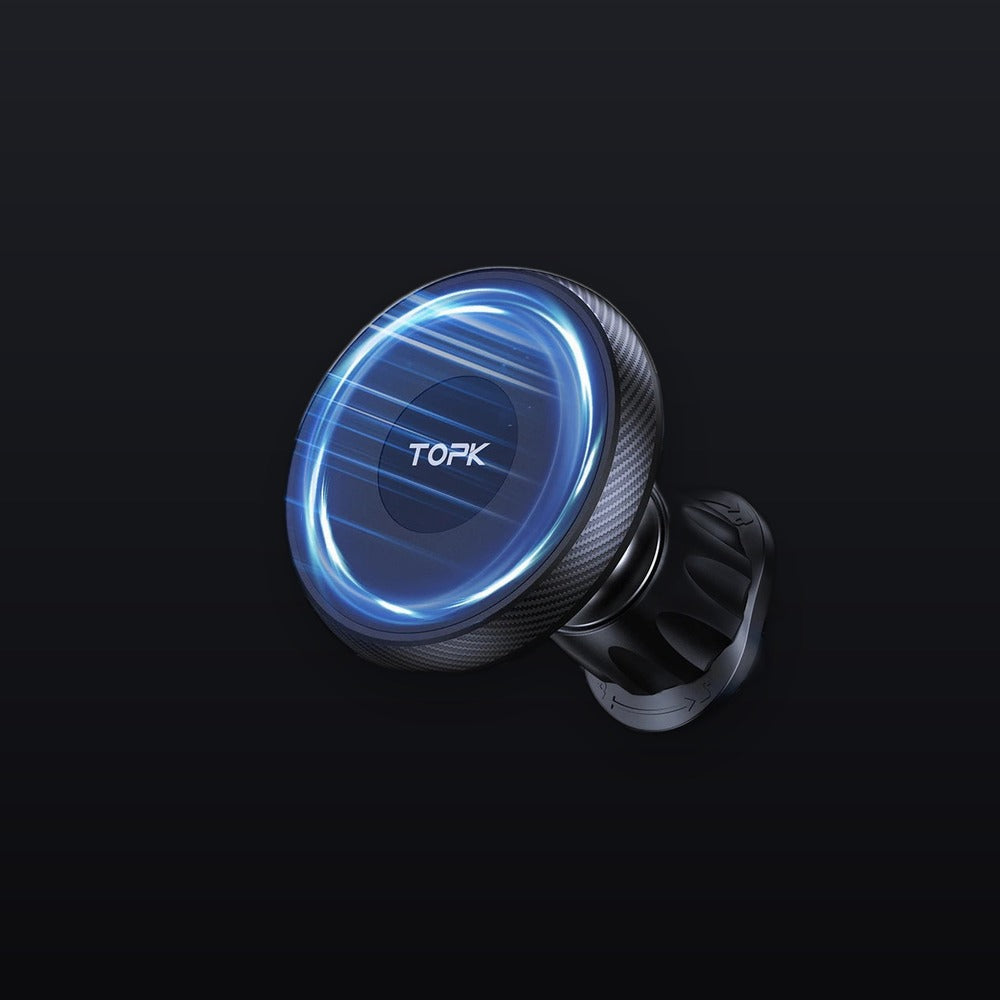 Support voiture MagSafe Wallsafe noir, design épuré sur fond premium